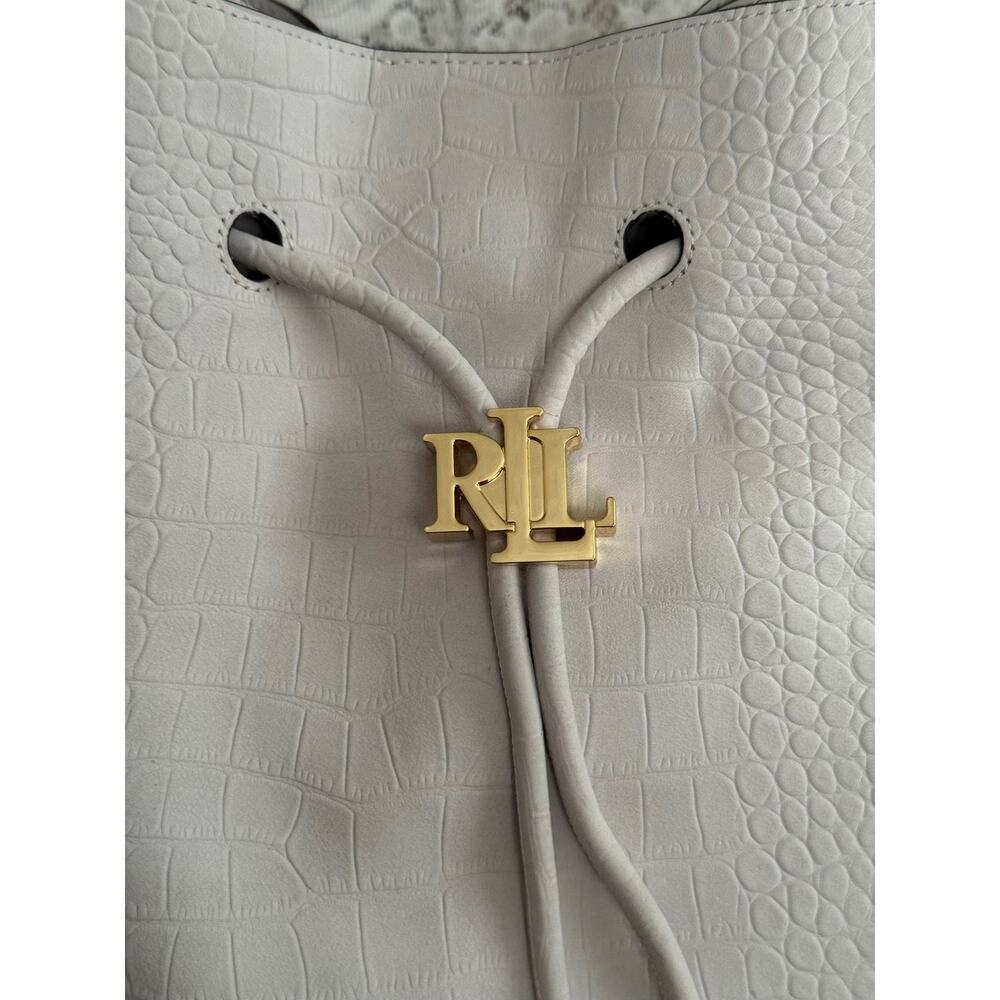 Lauren Ralph Lauren Andie Croc Embossed Drawstring Bucket Bag White Gray - Picture 3 of 12